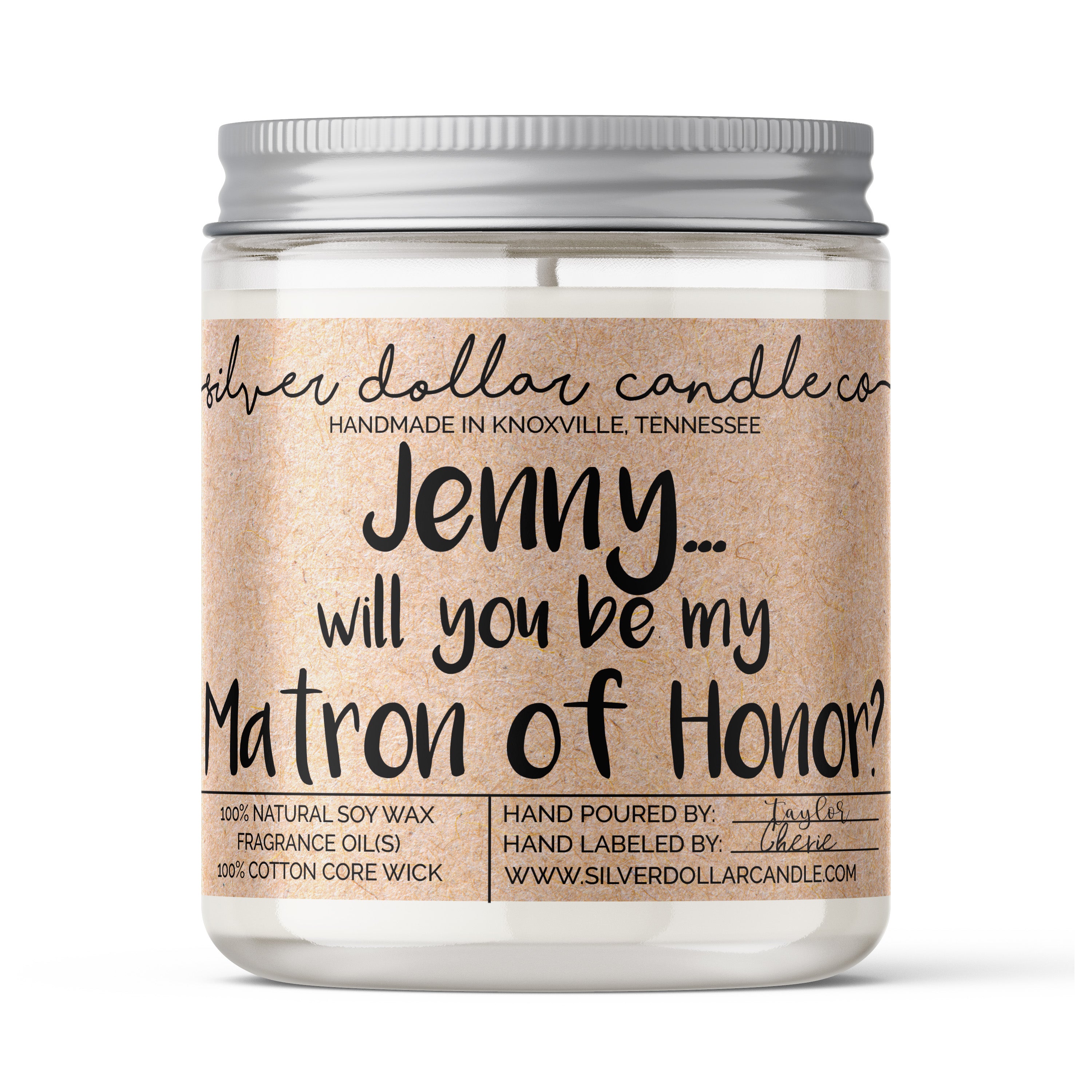 Personalized soy candle for bridal party proposals, featuring custom names and eco-friendly design.