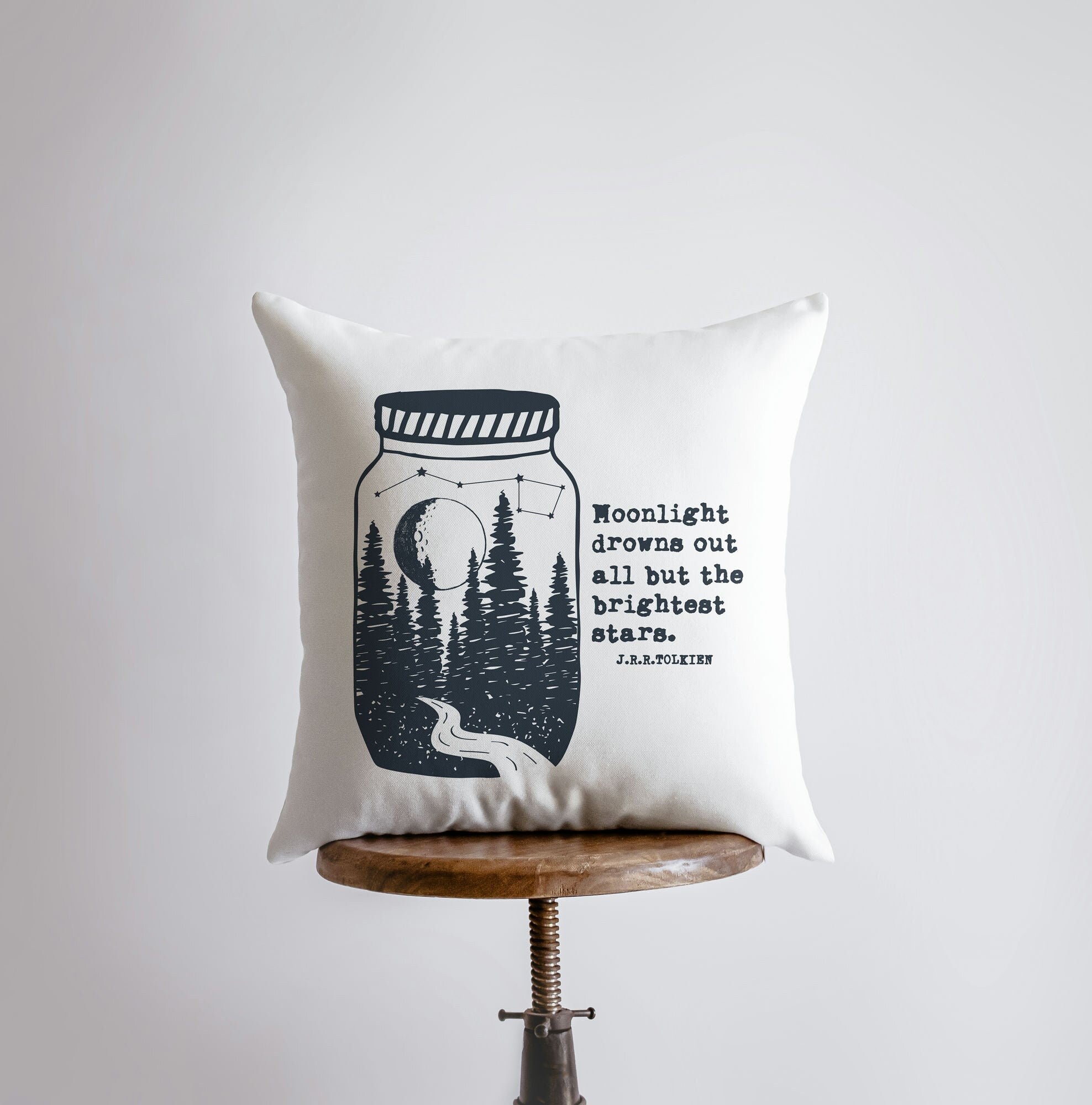 Handmade Brightest Stars pillow with vintage jar design and inspiring quote, perfect for dreamers and artists.