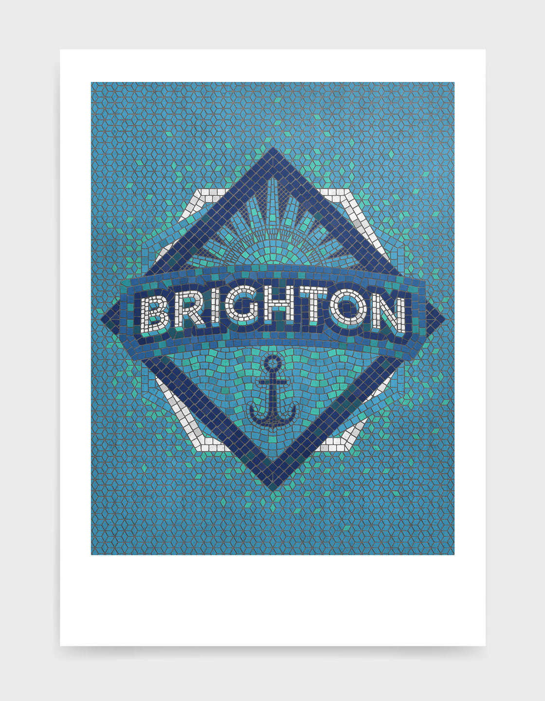 Brighton mosaic art print featuring colorful typography of the iconic city name in a mosaic style.