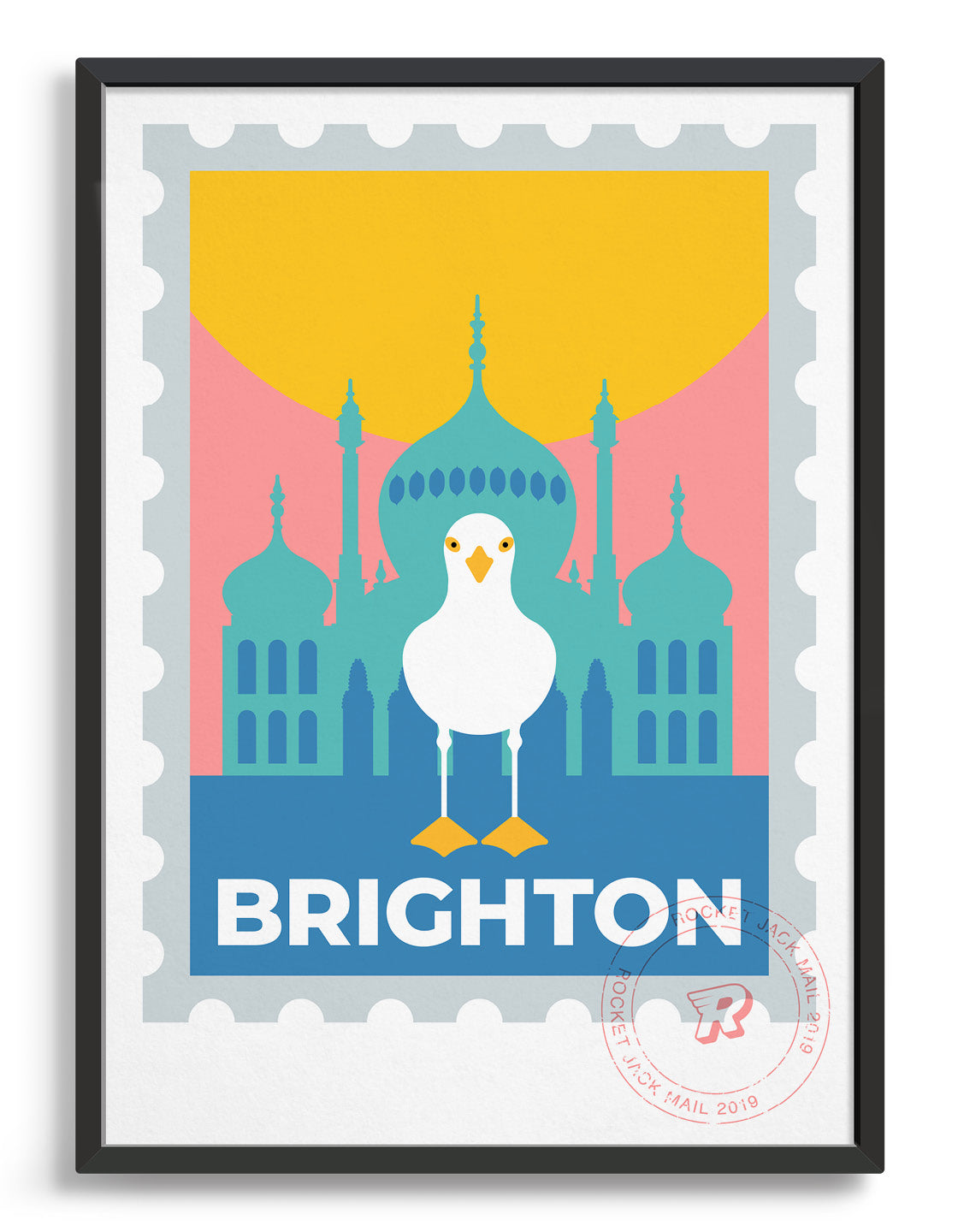 Customizable Brighton travel poster featuring vibrant colors and artistic design, perfect for commemorating special memories.