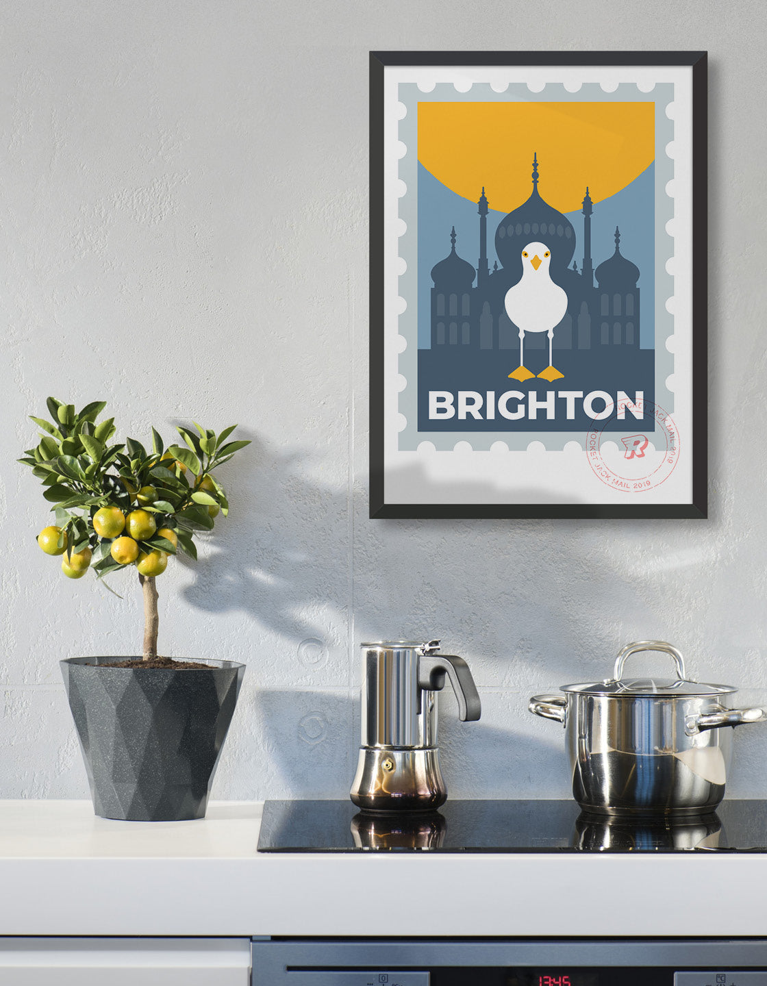 Customizable Brighton travel poster featuring vibrant colors and artistic design, perfect for commemorating special memories.