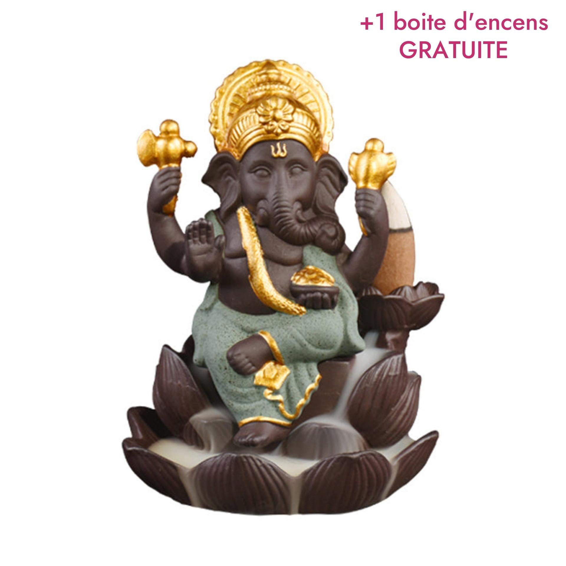 Brûleur d'encens en céramique 'Ganesh Vert' avec une statue de Ganesh, symbole de chance et de prospérité.