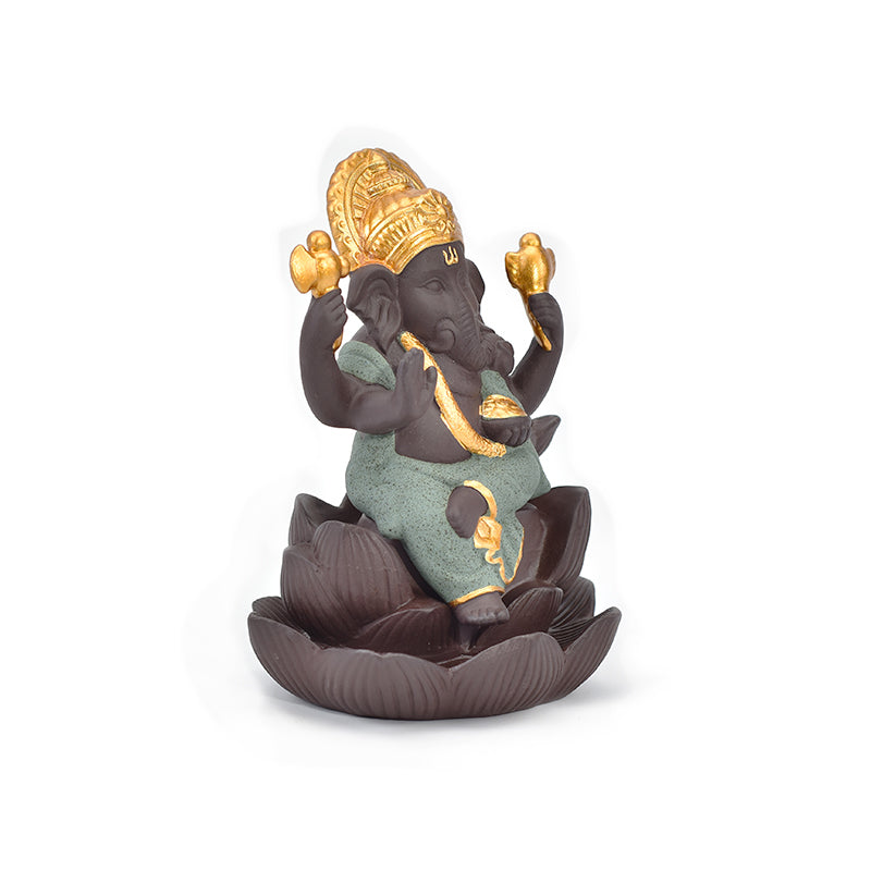 Brûleur d'encens en céramique 'Ganesh Vert' avec une statue de Ganesh, symbole de chance et de prospérité.