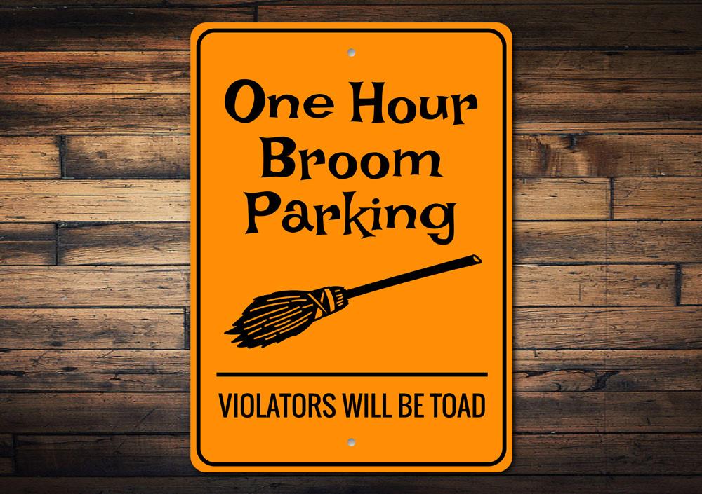 Broom Parking Halloween Sign made of high-quality aluminum, featuring spooky design elements perfect for Halloween decor.