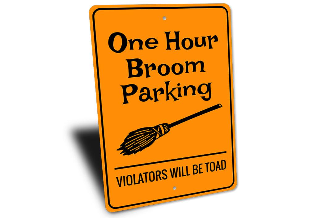 Broom Parking Halloween Sign made of high-quality aluminum, featuring spooky design elements perfect for Halloween decor.