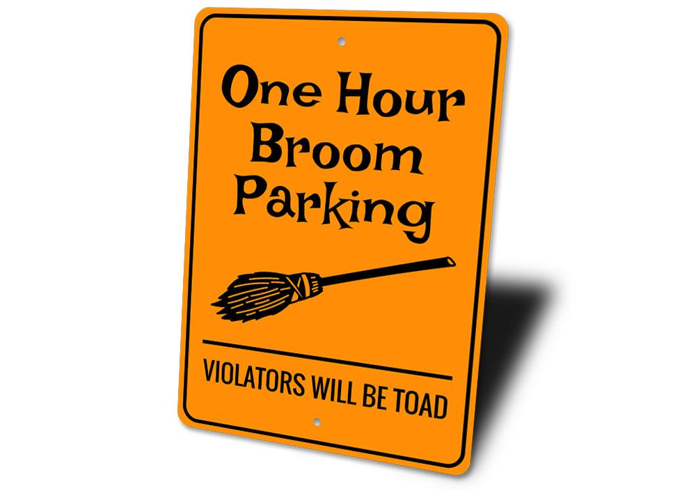 Broom Parking Halloween Sign made of high-quality aluminum, featuring spooky design elements perfect for Halloween decor.