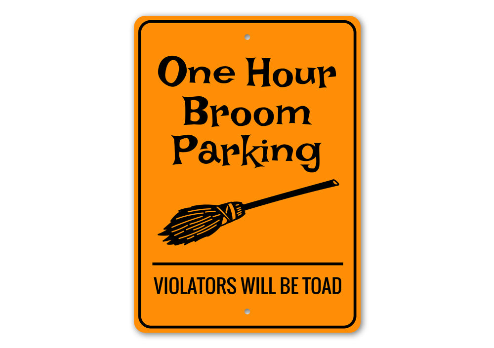 Broom Parking Halloween Sign made of high-quality aluminum, featuring spooky design elements perfect for Halloween decor.