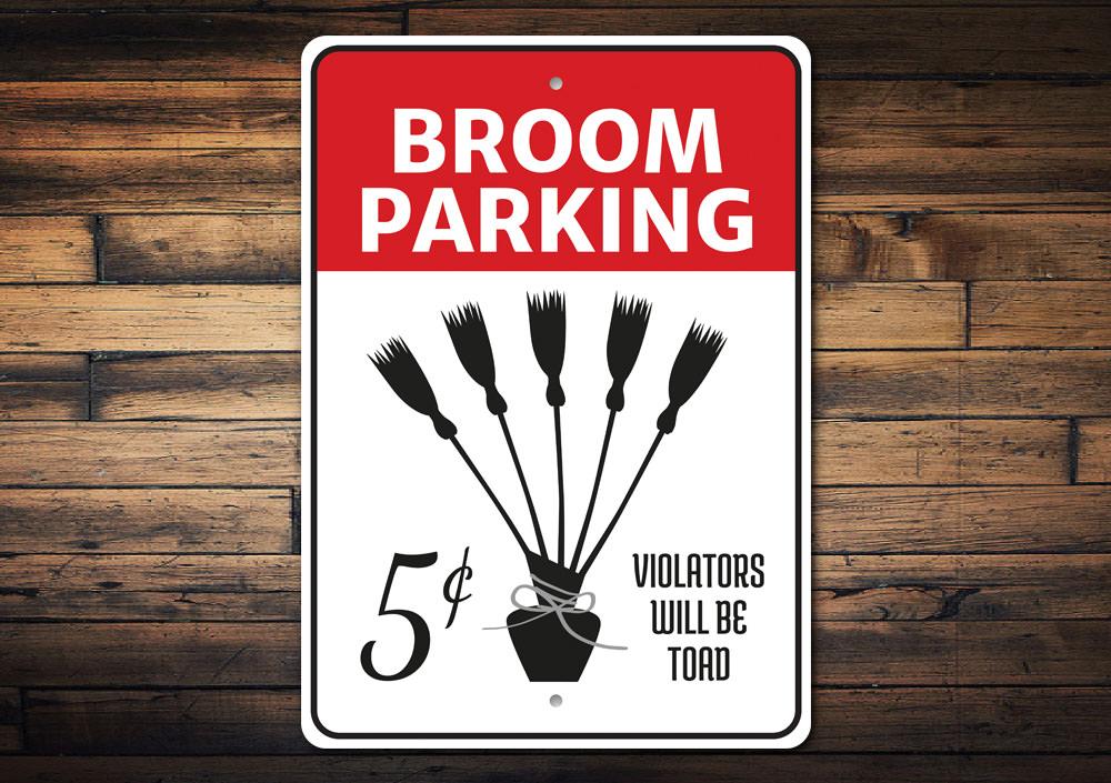 Broom Parking Witch Sign made of aluminum, featuring a whimsical design perfect for Halloween decor.