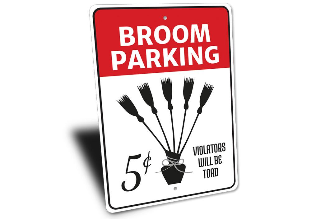 Broom Parking Witch Sign made of aluminum, featuring a whimsical design perfect for Halloween decor.