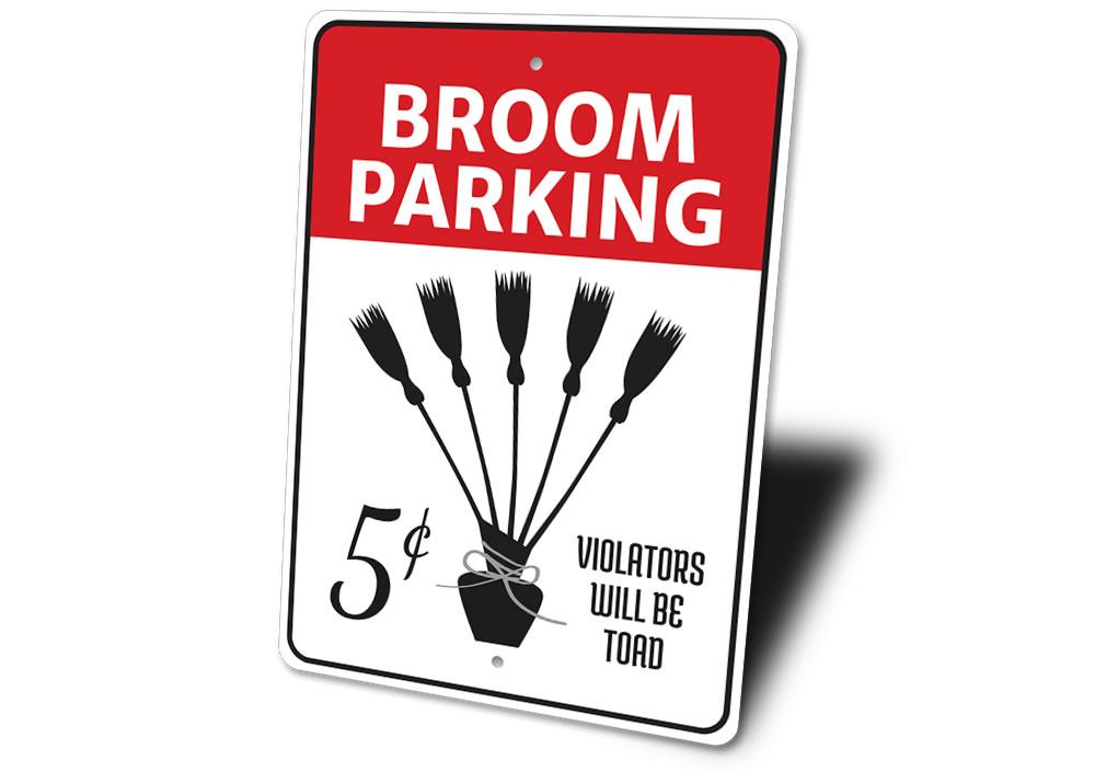 Broom Parking Witch Sign made of aluminum, featuring a whimsical design perfect for Halloween decor.