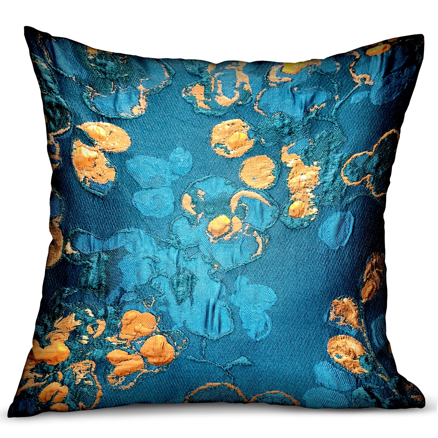 Bronze Blossom Blue Floral Luxury Throw Pillow featuring a handcrafted floral design in blue tones, with an invisible zipper and luxurious fabric.