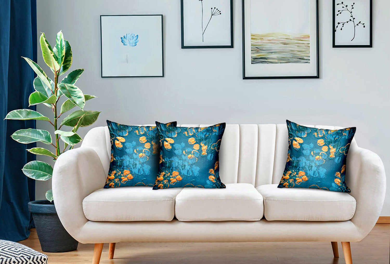 Bronze Blossom Blue Floral Luxury Throw Pillow featuring a handcrafted floral design in blue tones, with an invisible zipper and luxurious fabric.