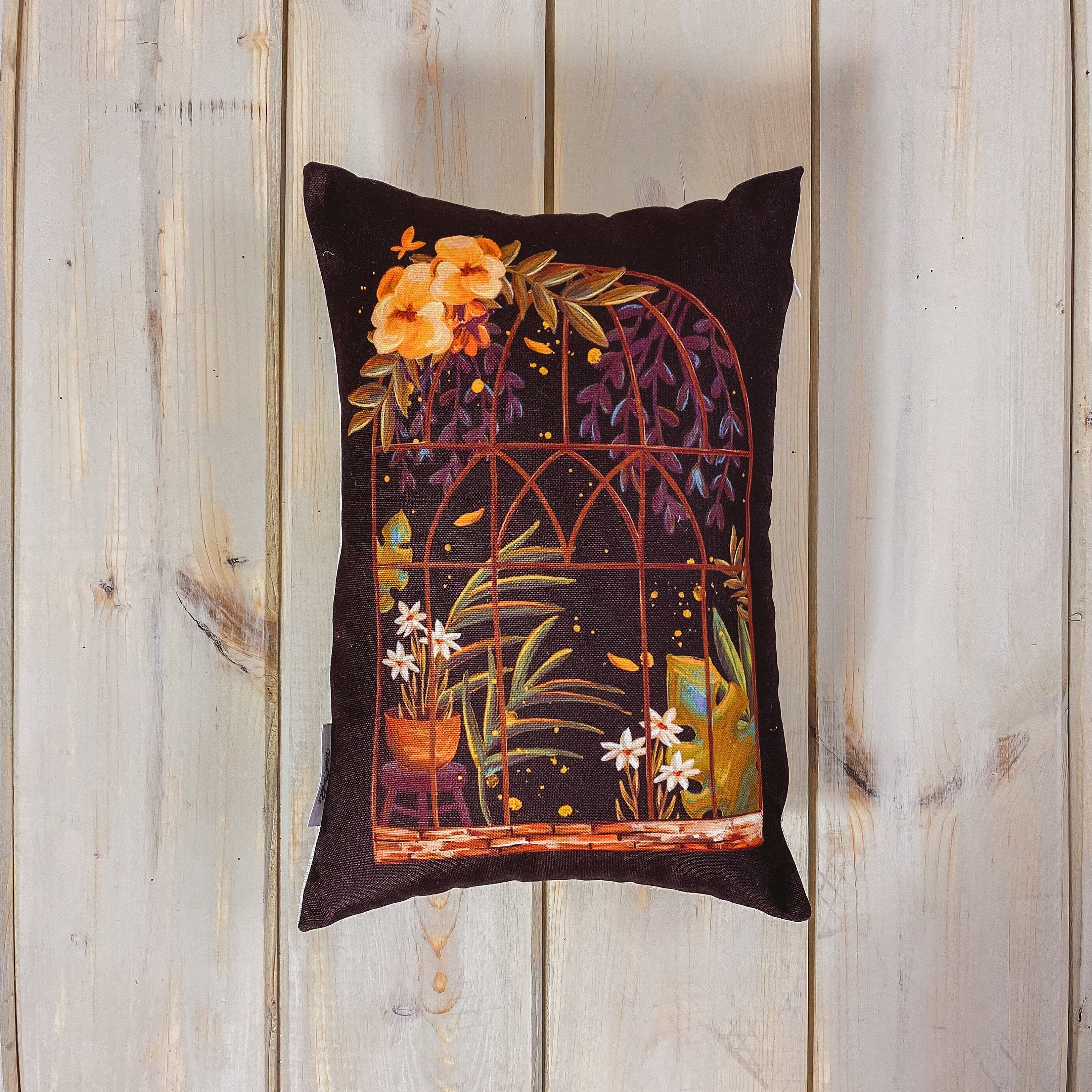 Brown Greenhouse Window Pillow Cover featuring floral design on a cotton/polyester blend fabric, size 12x18 inches.