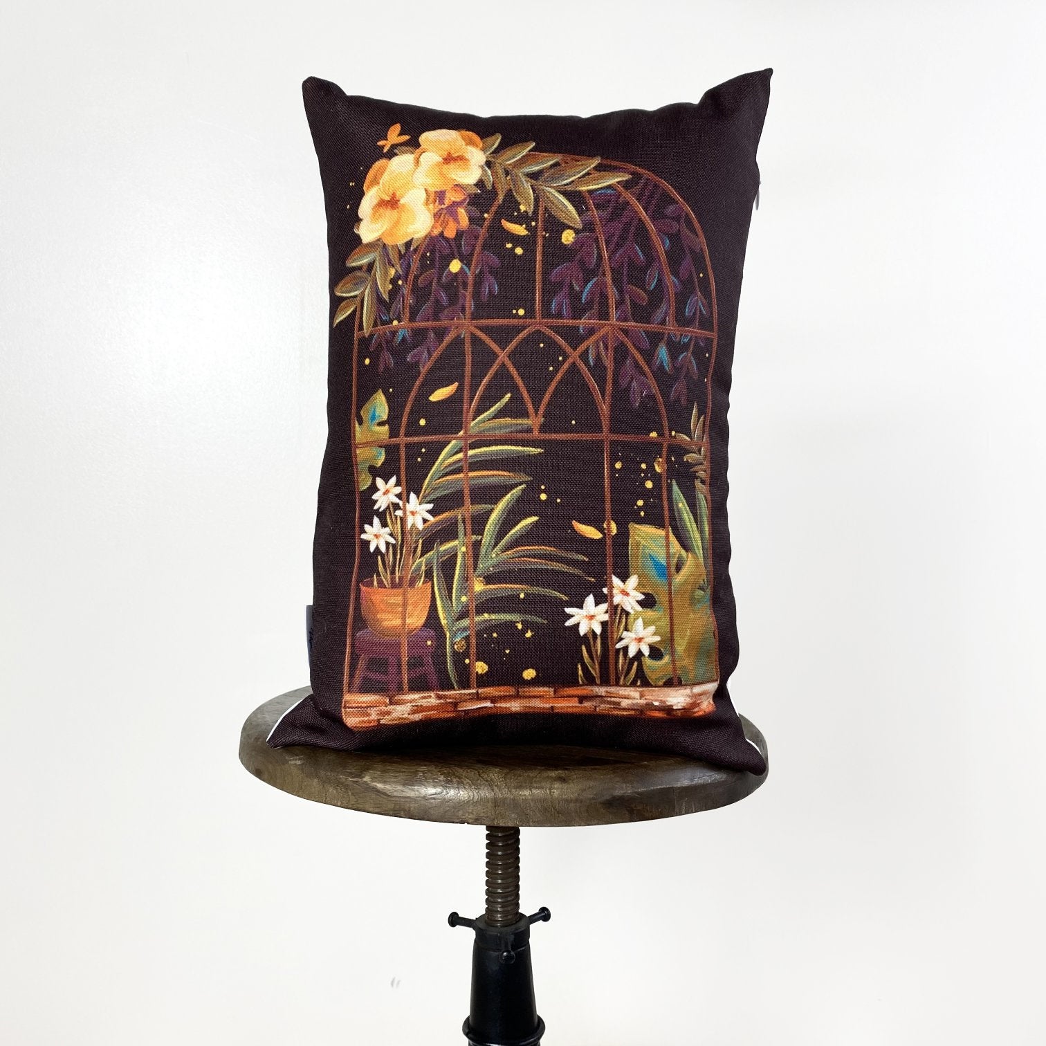 Brown Greenhouse Window Pillow Cover featuring floral design on a cotton/polyester blend fabric, size 12x18 inches.