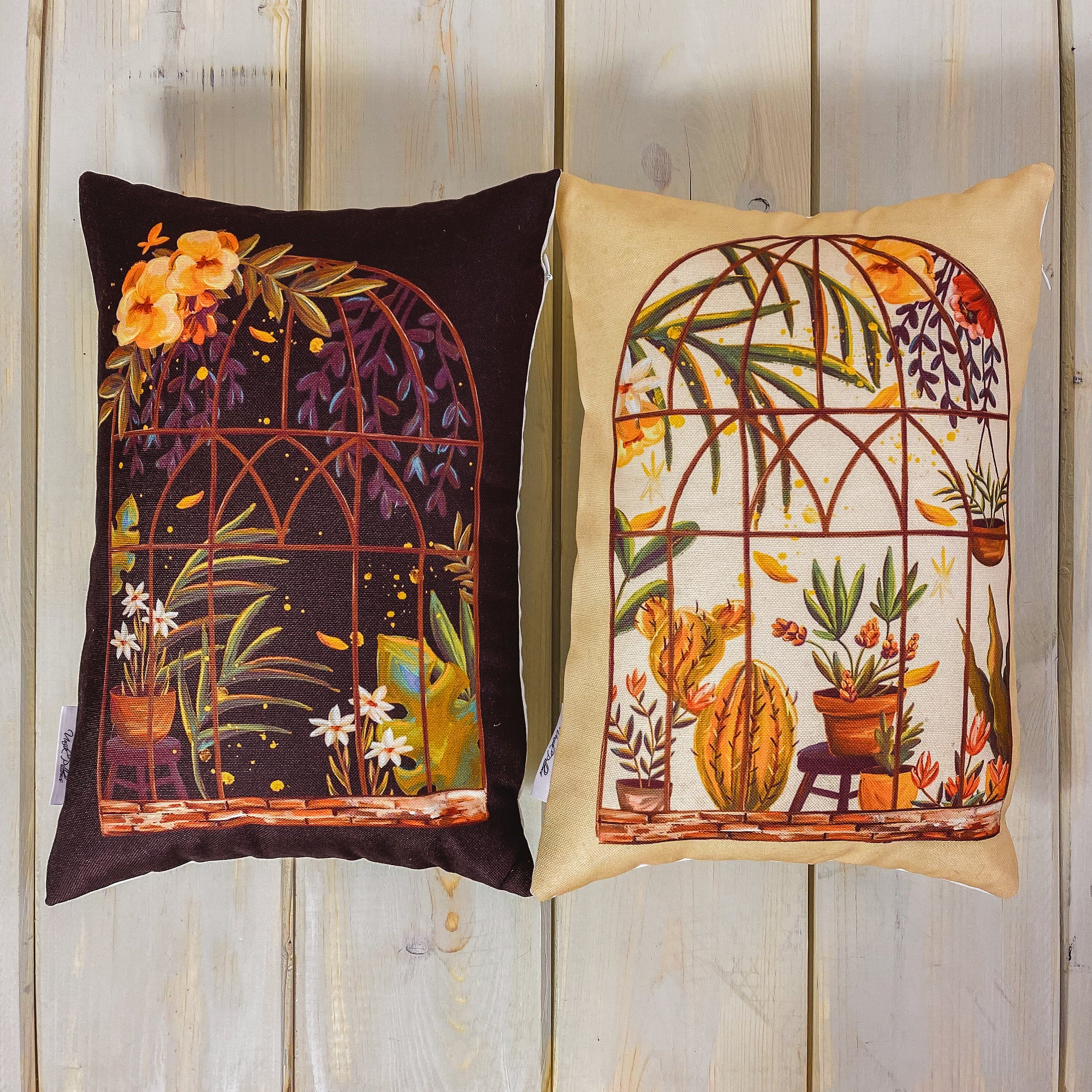 Brown Greenhouse Window Pillow Cover featuring floral design on a cotton/polyester blend fabric, size 12x18 inches.