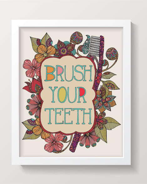 Archival art print titled 'Brush Your Teeth', featuring original pen and ink art with digital coloring, sized 8x10 inches on matte card stock.