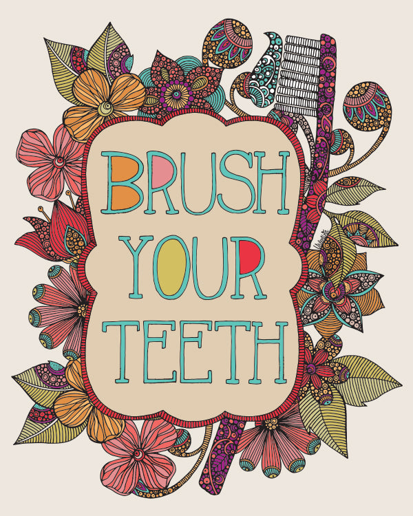 Archival art print titled 'Brush Your Teeth', featuring original pen and ink art with digital coloring, sized 8x10 inches on matte card stock.