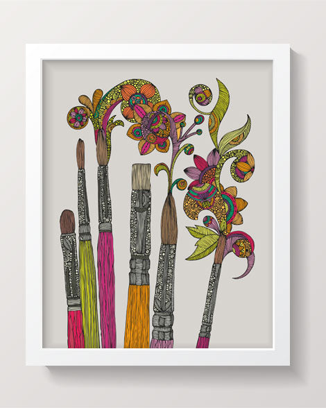 An archival art print featuring beautifully designed brushes in vibrant colors, showcasing intricate pen and ink details.