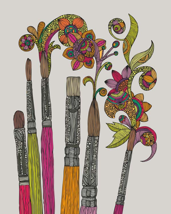 An archival art print featuring beautifully designed brushes in vibrant colors, showcasing intricate pen and ink details.