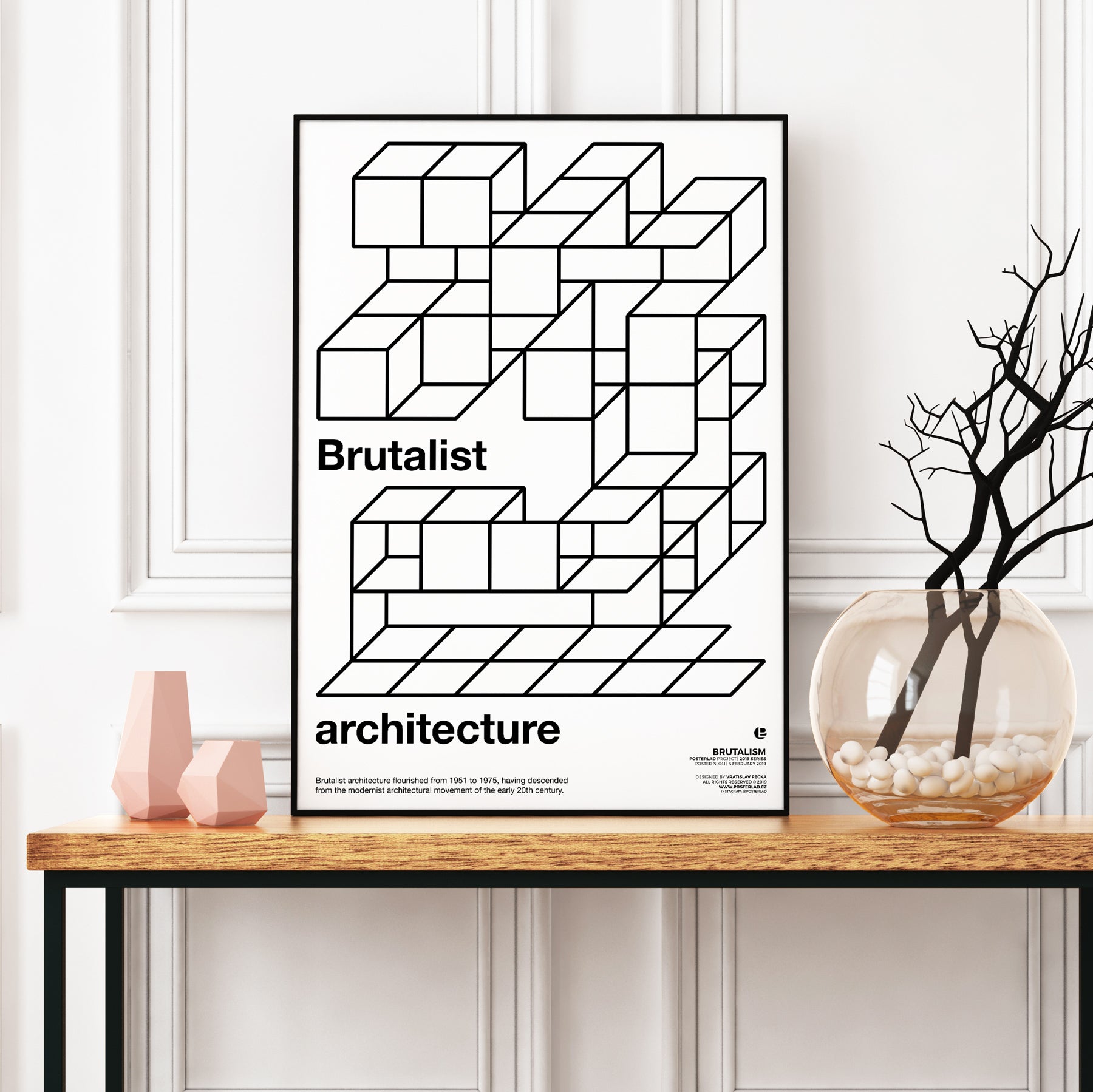 A stylish Brutalism poster featuring bold, block-like forms and raw concrete textures, perfect for modern interior decor.