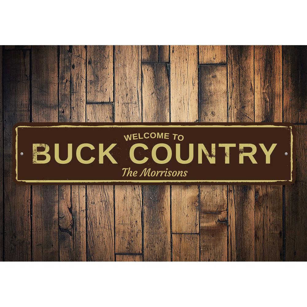 Buck Country Sign made of high-quality aluminum, featuring customizable text, perfect for home decor.