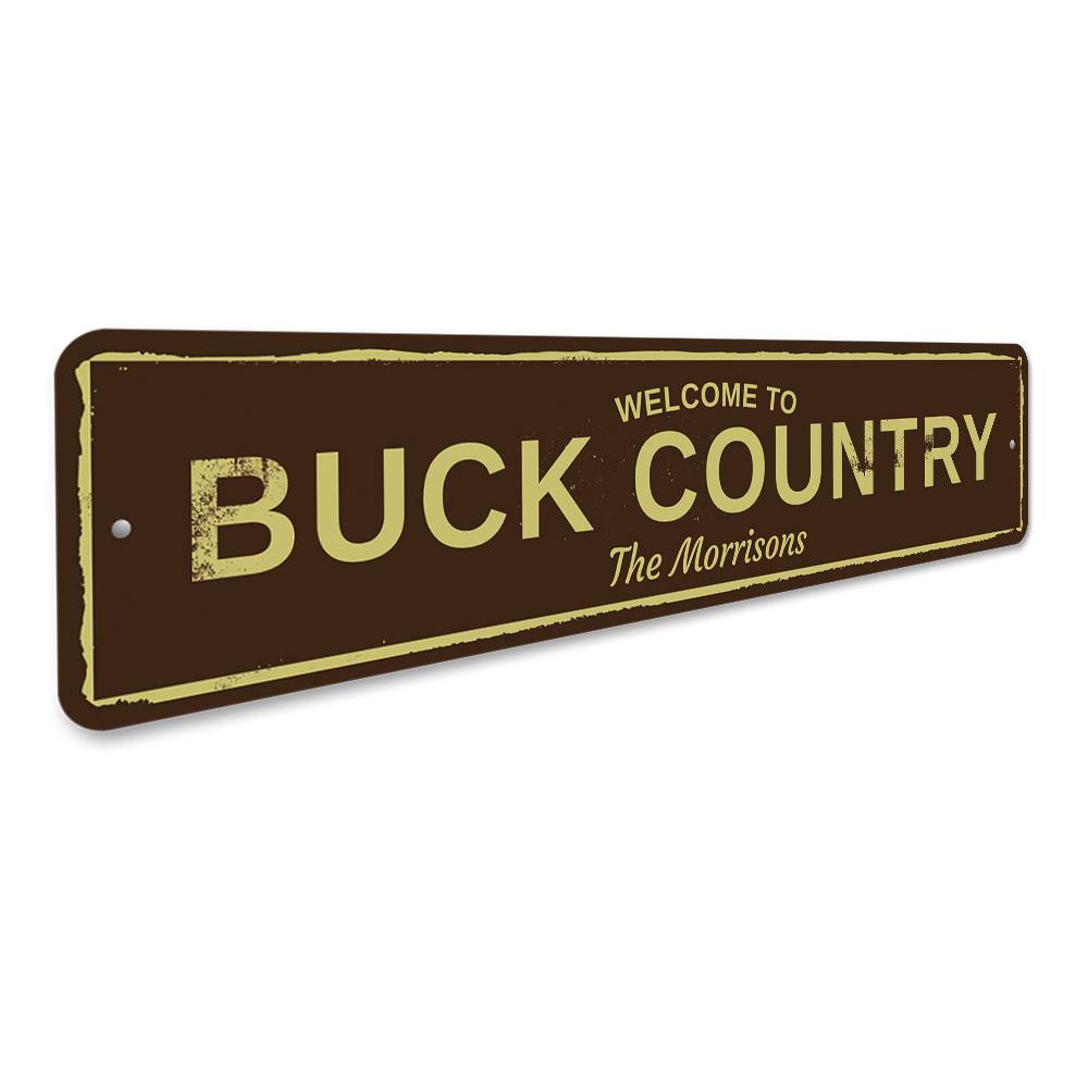 Buck Country Sign made of high-quality aluminum, featuring customizable text, perfect for home decor.