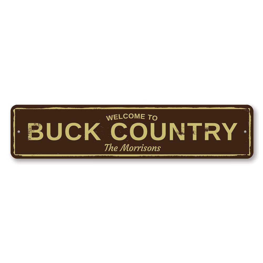 Buck Country Sign made of high-quality aluminum, featuring customizable text, perfect for home decor.