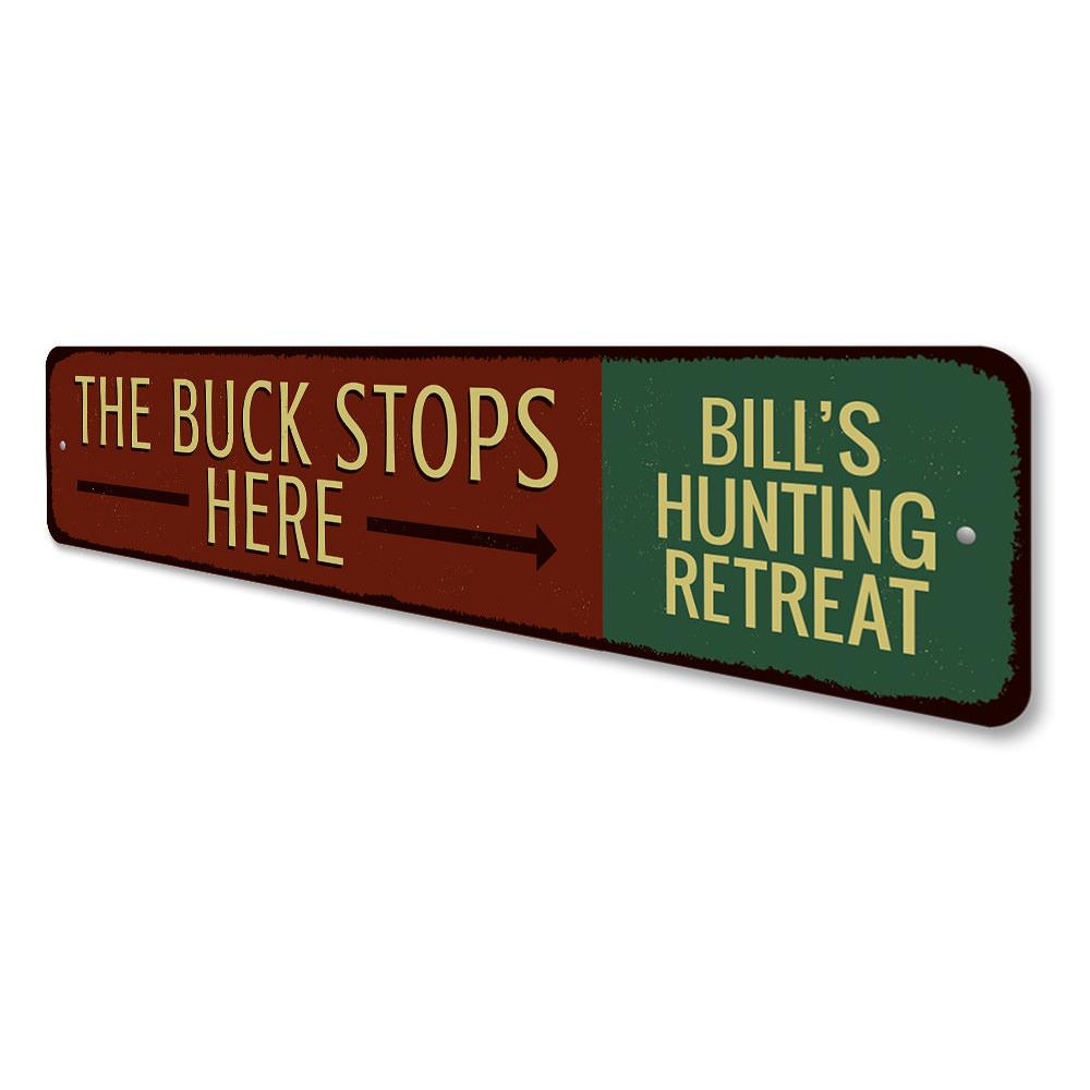 Buck Stops Here Sign made of high-quality aluminum, featuring customizable text and pre-drilled holes for easy mounting.