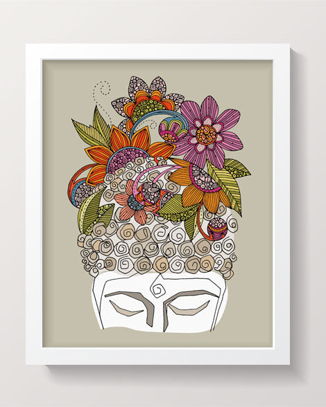 Archival art print of a Buddha head, featuring intricate pen and ink details with vibrant digital coloring on matte card stock.