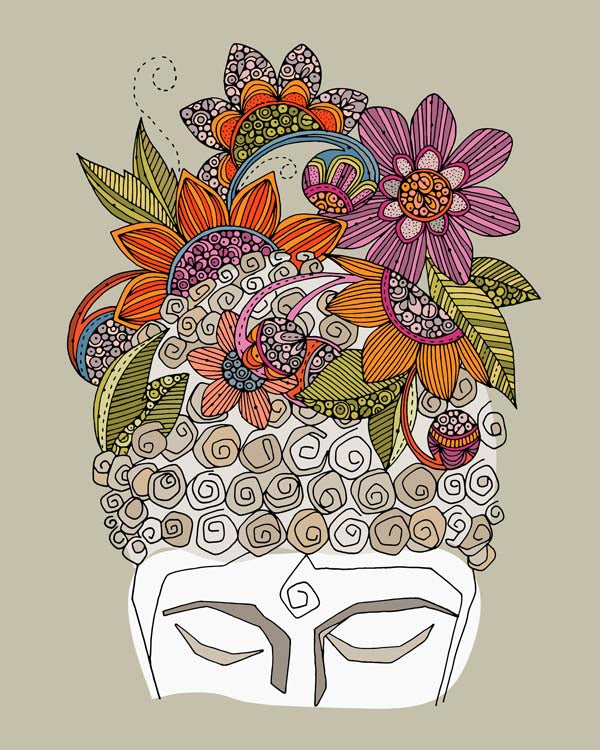 Archival art print of a Buddha head, featuring intricate pen and ink details with vibrant digital coloring on matte card stock.