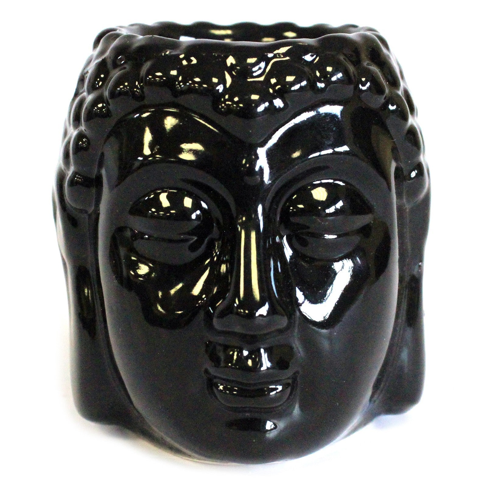 Black Buddha Oil Burner with a tea light candle and fragrance oil, elegantly designed for home decor.