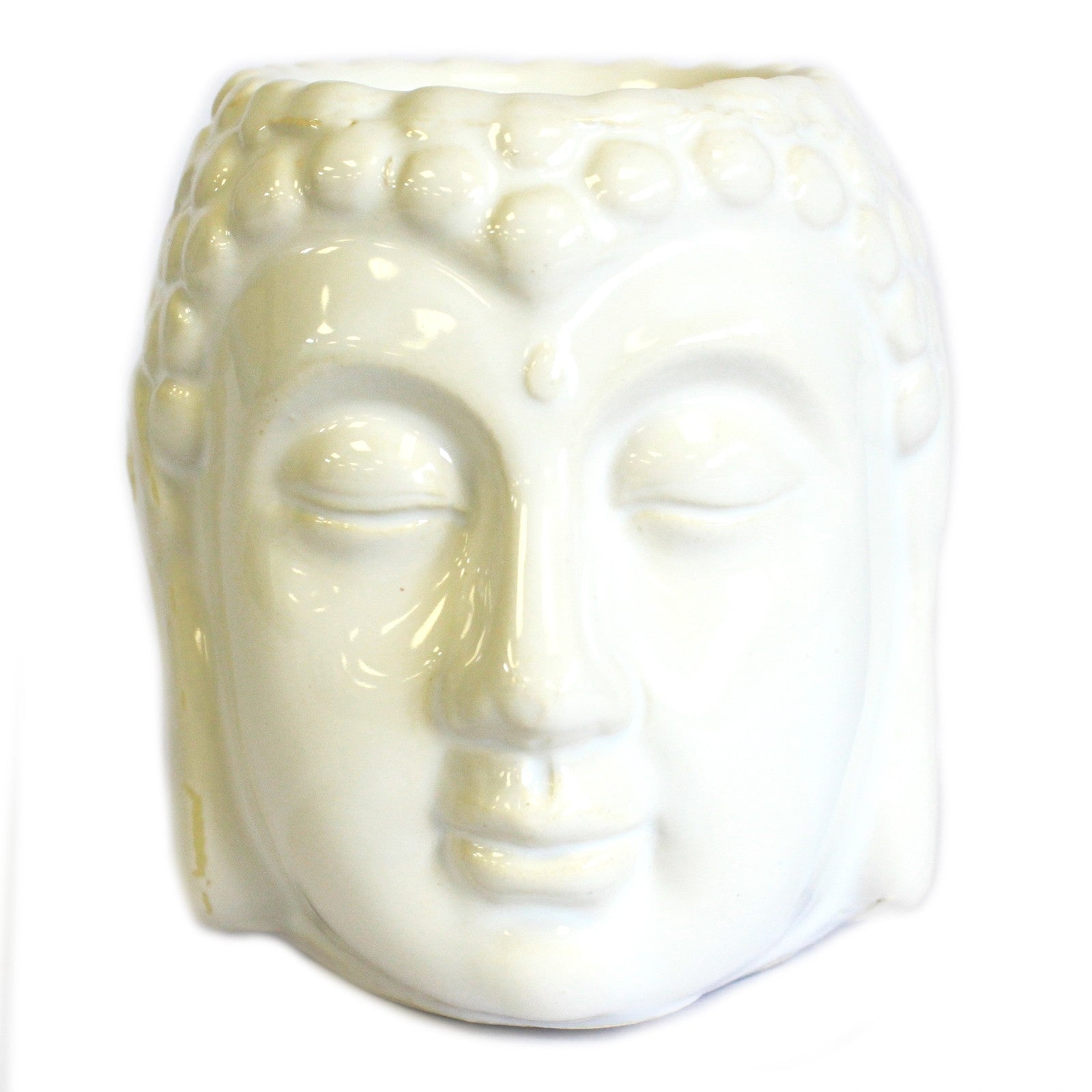 White Buddha Oil Burner with a tea light candle and fragrance oil, elegantly designed for home decor.