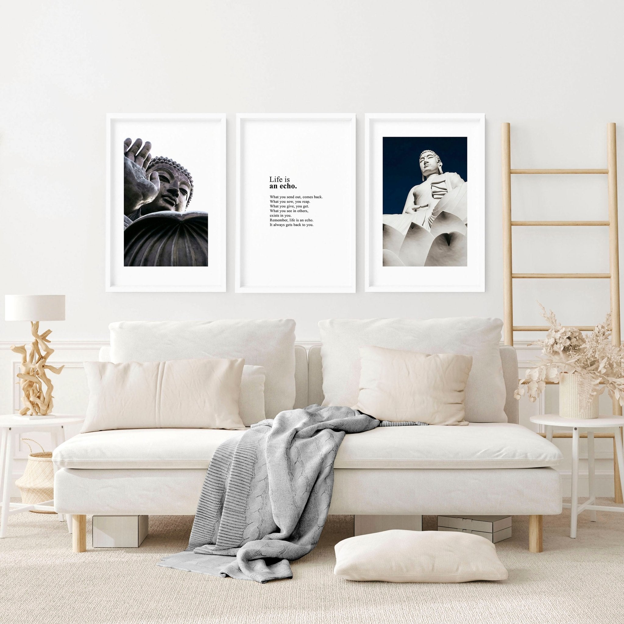 Set of three Buddhist wall art prints featuring lotus flower, Buddha statues, and sacred mandalas, designed for serene home decor.