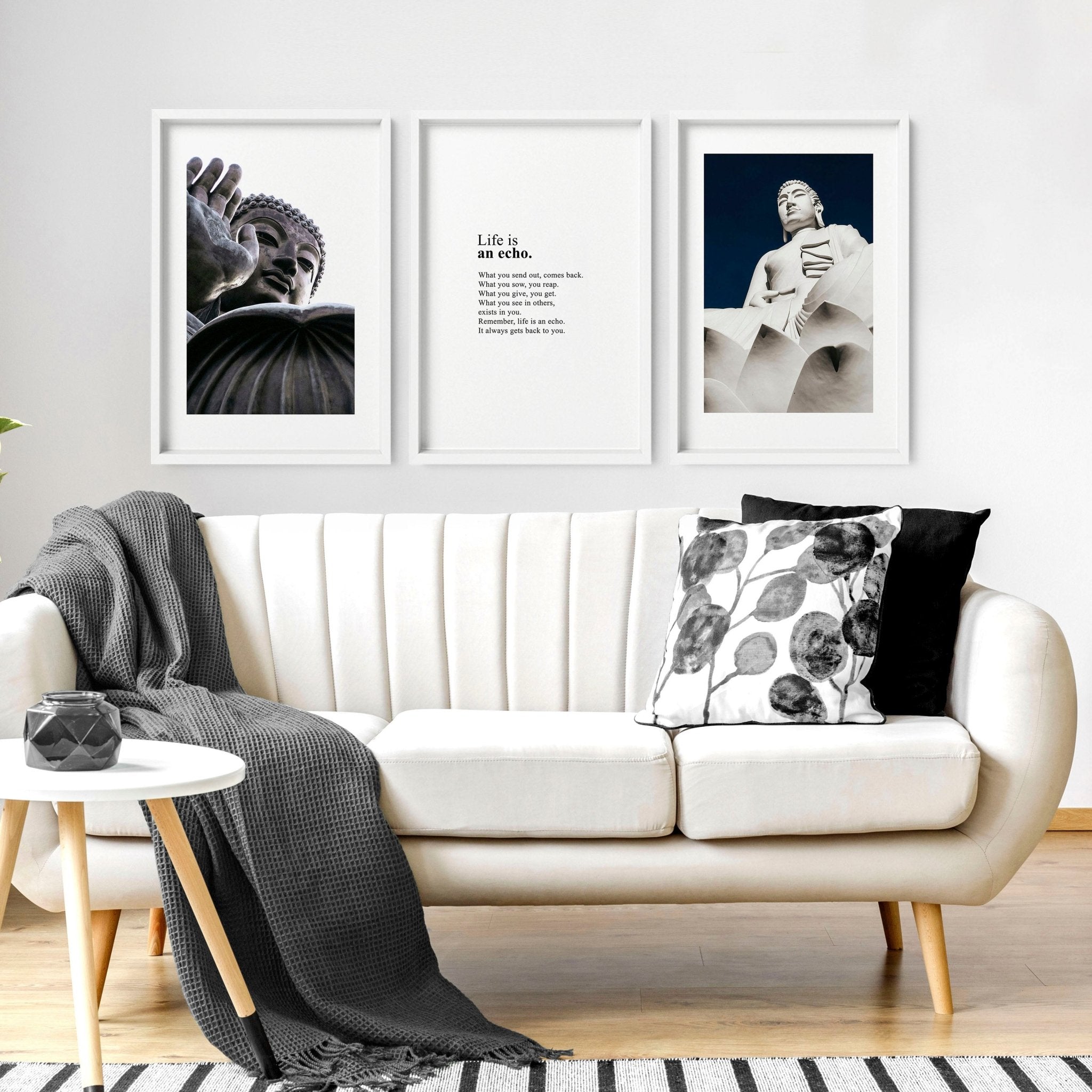 Set of three Buddhist wall art prints featuring lotus flower, Buddha statues, and sacred mandalas, designed for serene home decor.