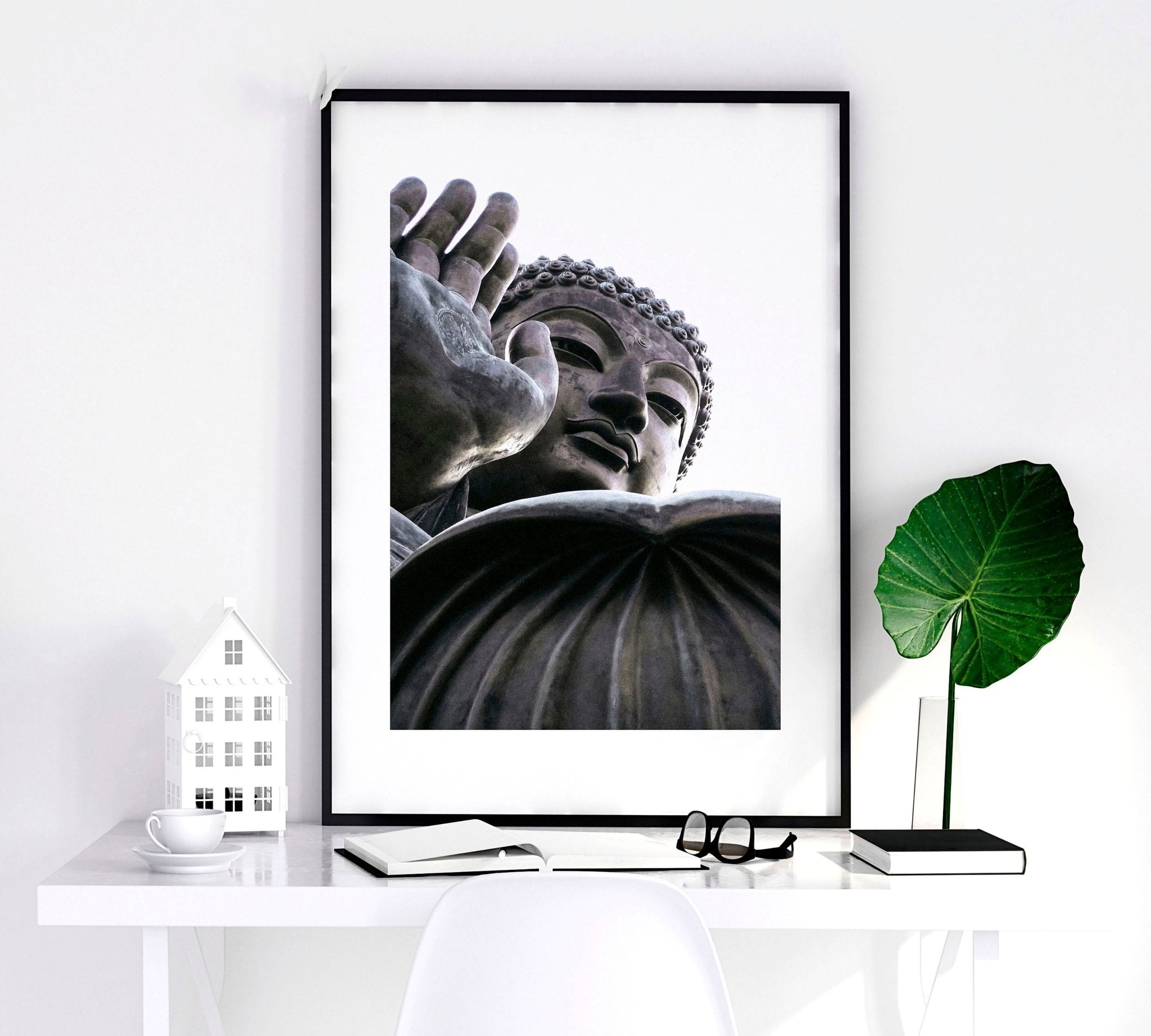 Set of three Buddhist wall art prints featuring lotus flower, Buddha statues, and sacred mandalas, designed for serene home decor.