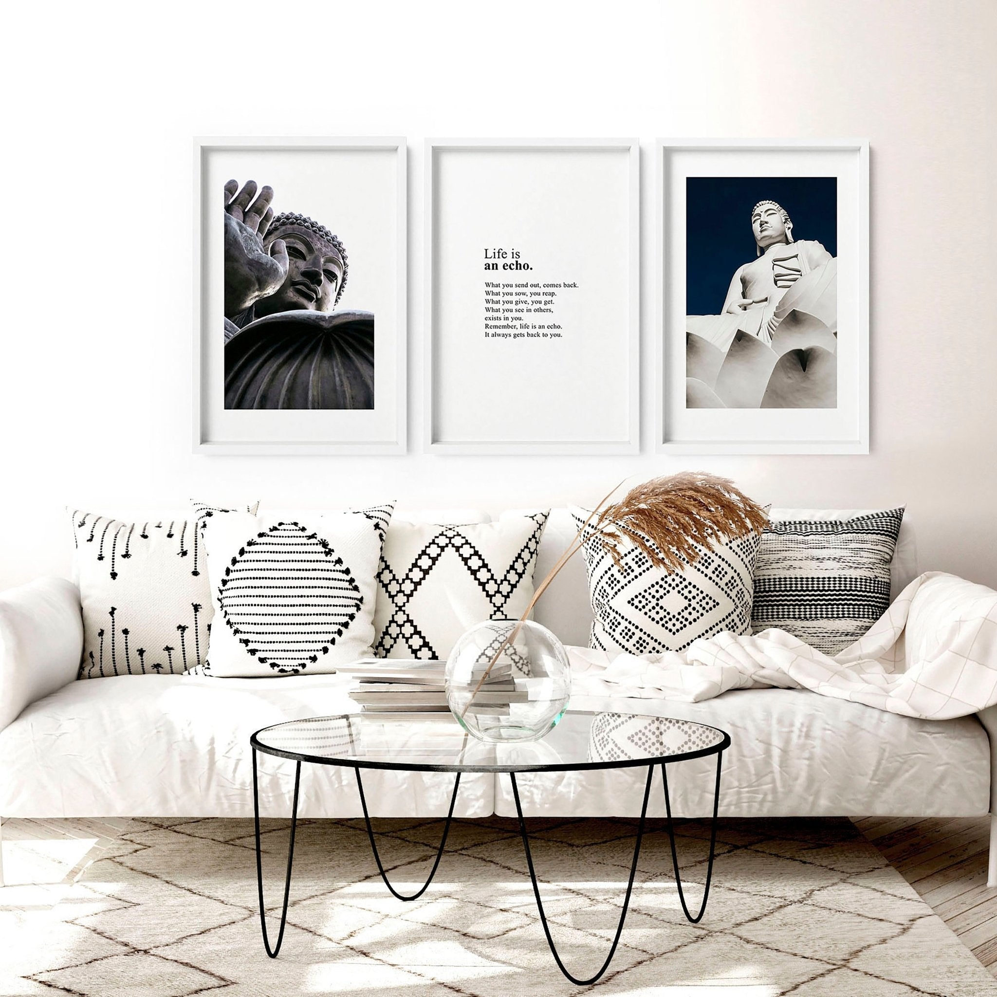 Set of three Buddhist wall art prints featuring lotus flower, Buddha statues, and sacred mandalas, designed for serene home decor.