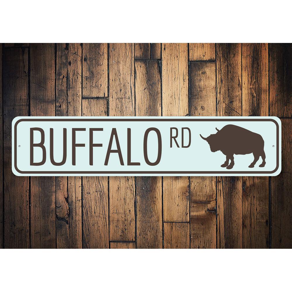 Buffalo Road Sign made of high-quality aluminum, featuring a rustic design perfect for lakehouse decor.