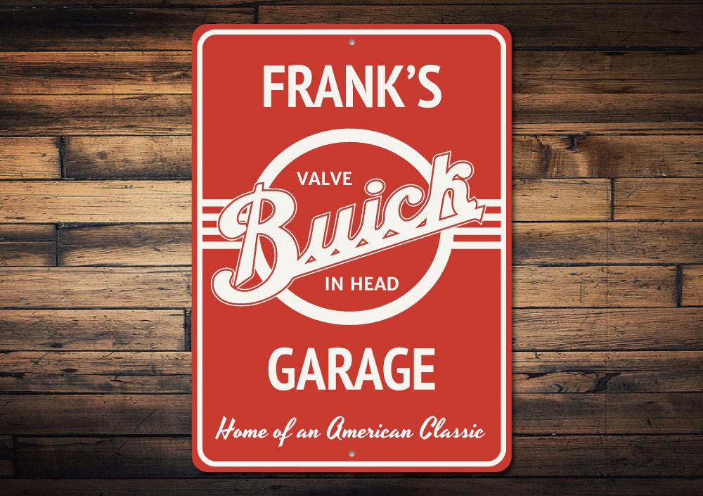 A stylish Buick garage sign made from high-quality aluminum, featuring customizable text and pre-drilled holes for easy mounting.