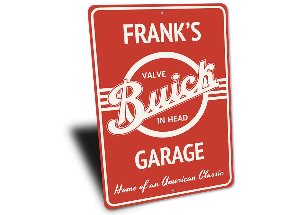 A stylish Buick garage sign made from high-quality aluminum, featuring customizable text and pre-drilled holes for easy mounting.