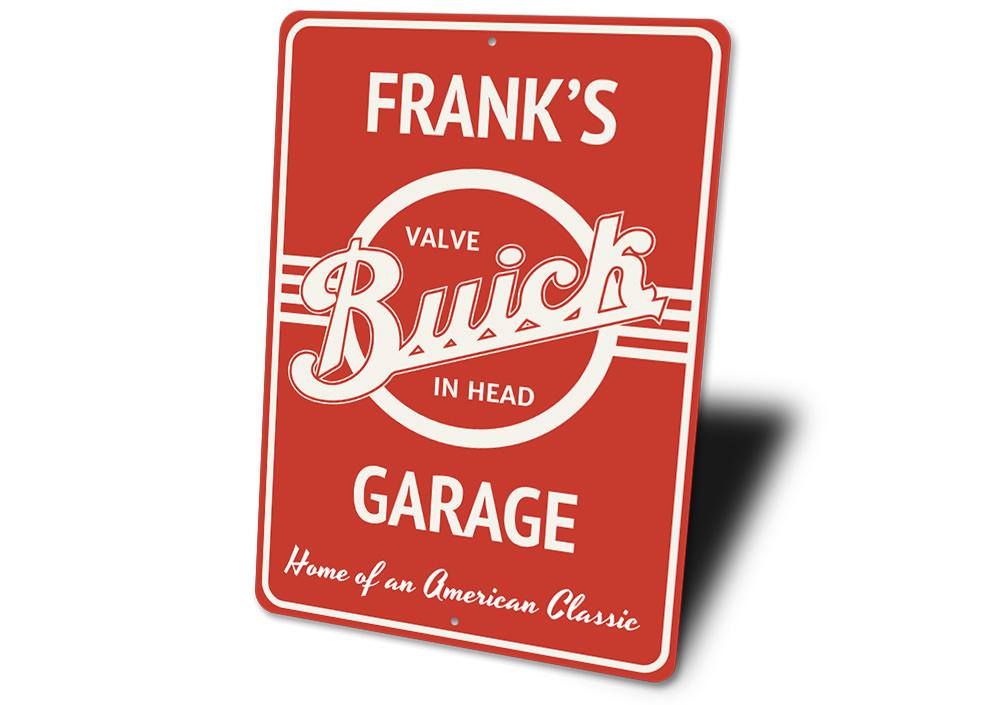 A stylish Buick garage sign made from high-quality aluminum, featuring customizable text and pre-drilled holes for easy mounting.