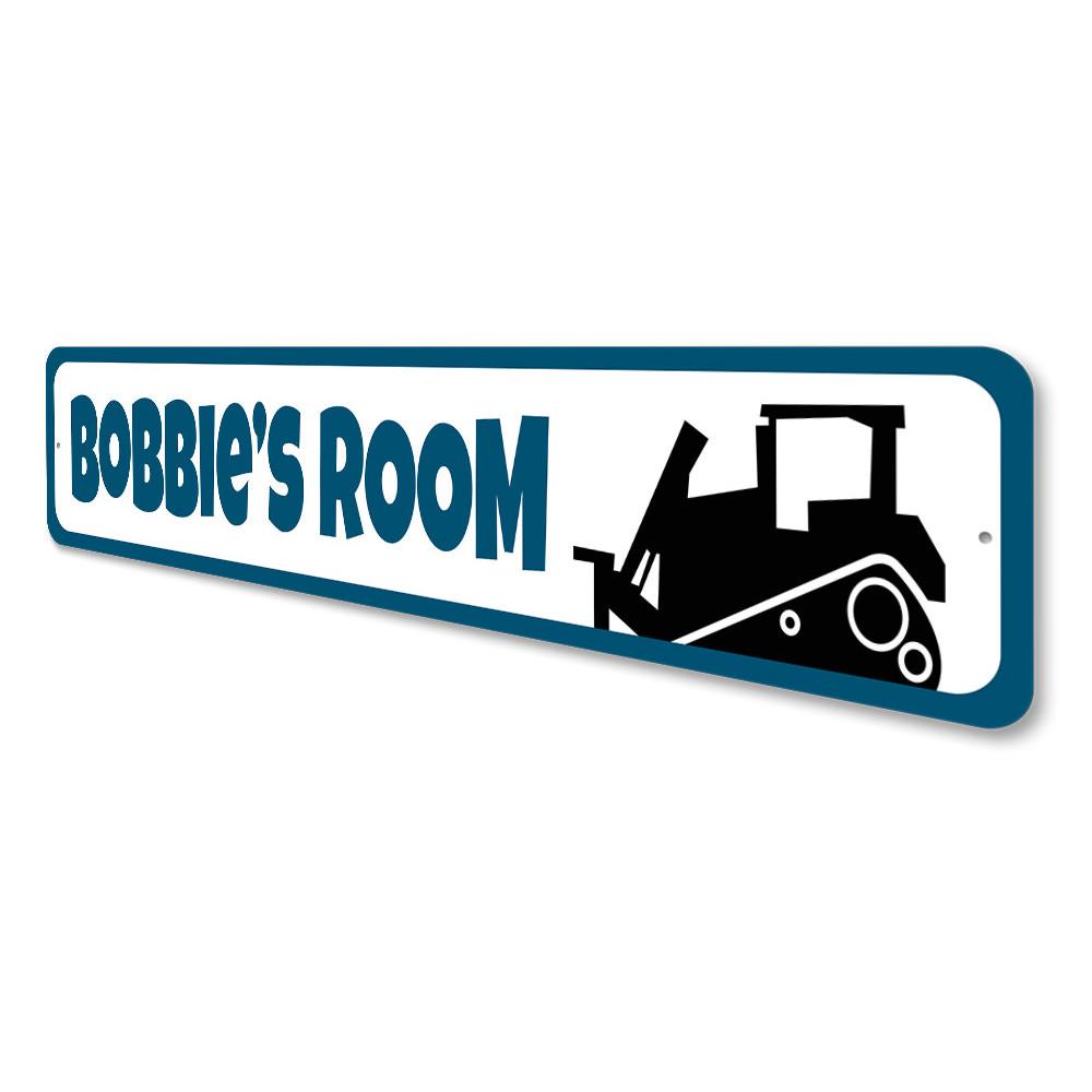 A colorful and customizable Bulldozer Sign made of high-quality aluminum, perfect for children's rooms and personalized gifts.