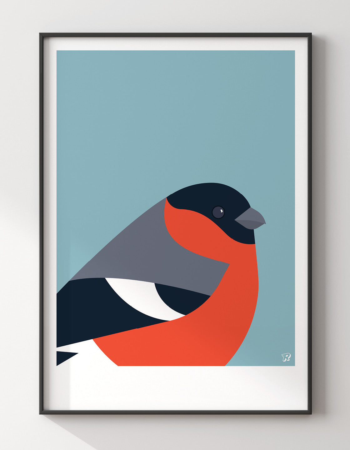 A vibrant Bullfinch bird print showcasing its colorful plumage against a minimalist background, perfect for modern decor.