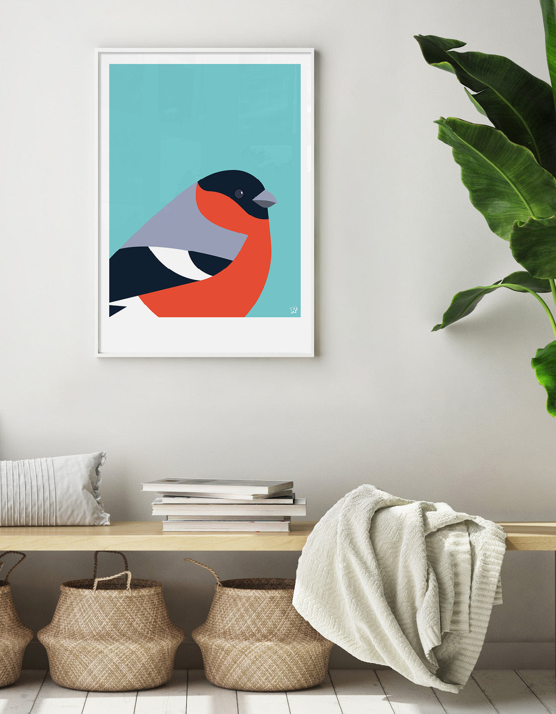 A vibrant Bullfinch bird print showcasing its colorful plumage against a minimalist background, perfect for modern decor.