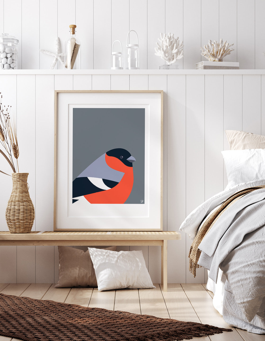 A vibrant Bullfinch bird print showcasing its colorful plumage against a minimalist background, perfect for modern decor.