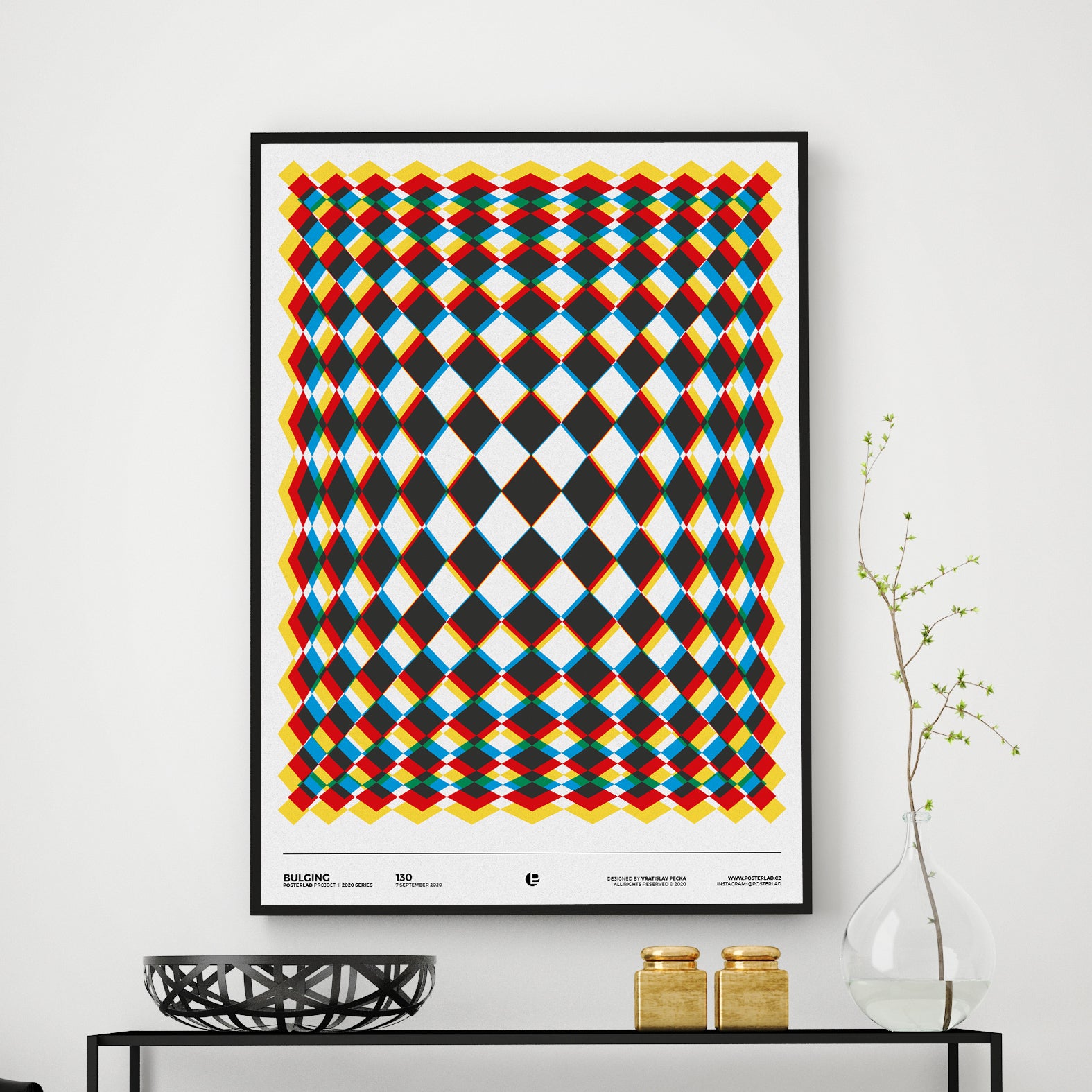 A vibrant Bulging poster displayed in a stylish room, showcasing colorful abstract art on thick matte paper.