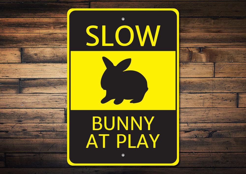 Bunny at Play Sign featuring a playful bunny design, perfect for children's room decor, made from high-quality aluminum.