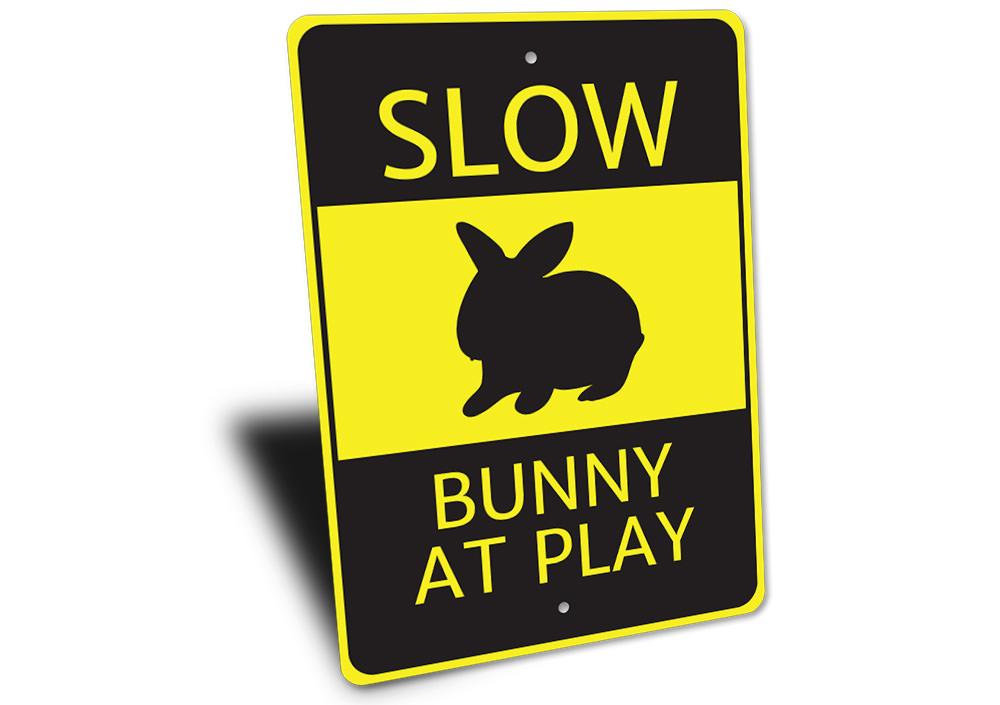 Bunny at Play Sign featuring a playful bunny design, perfect for children's room decor, made from high-quality aluminum.