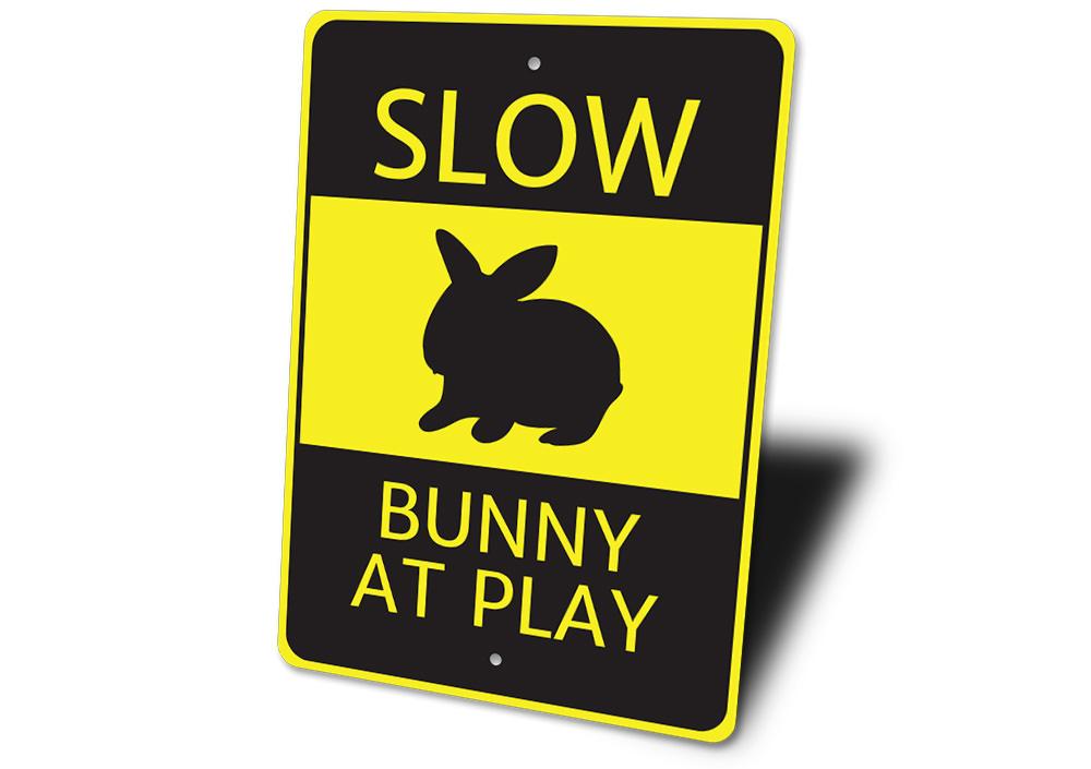 Bunny at Play Sign featuring a playful bunny design, perfect for children's room decor, made from high-quality aluminum.