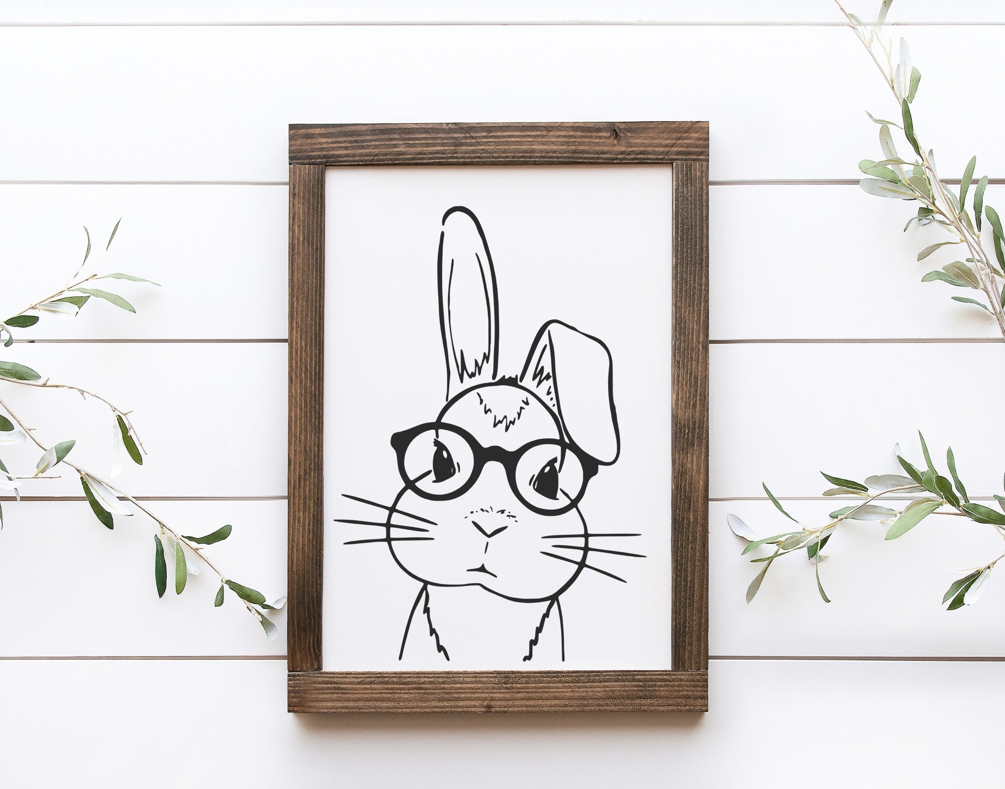 Handcrafted Bunny Wood Sign in matte white finish, showcasing unique wood grain and knots.