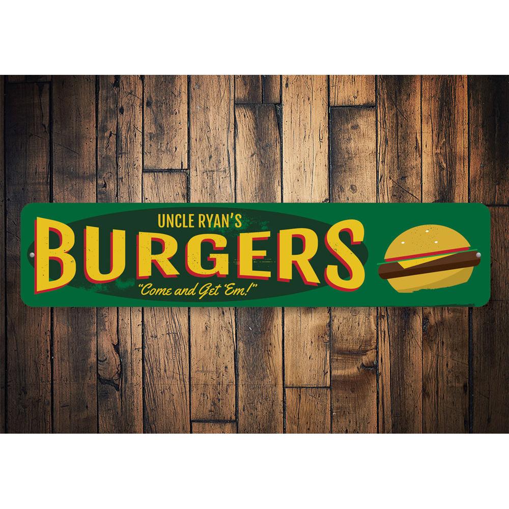 Custom Burgers Sign made of high-quality aluminum, featuring vibrant colors and a unique design, perfect for restaurants and cafes.